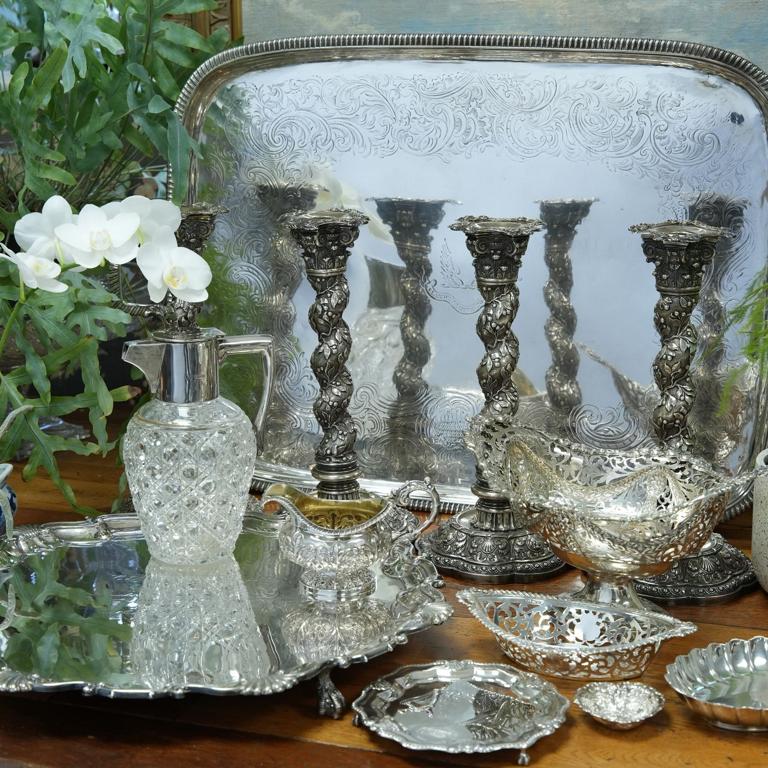 A table of antique silver