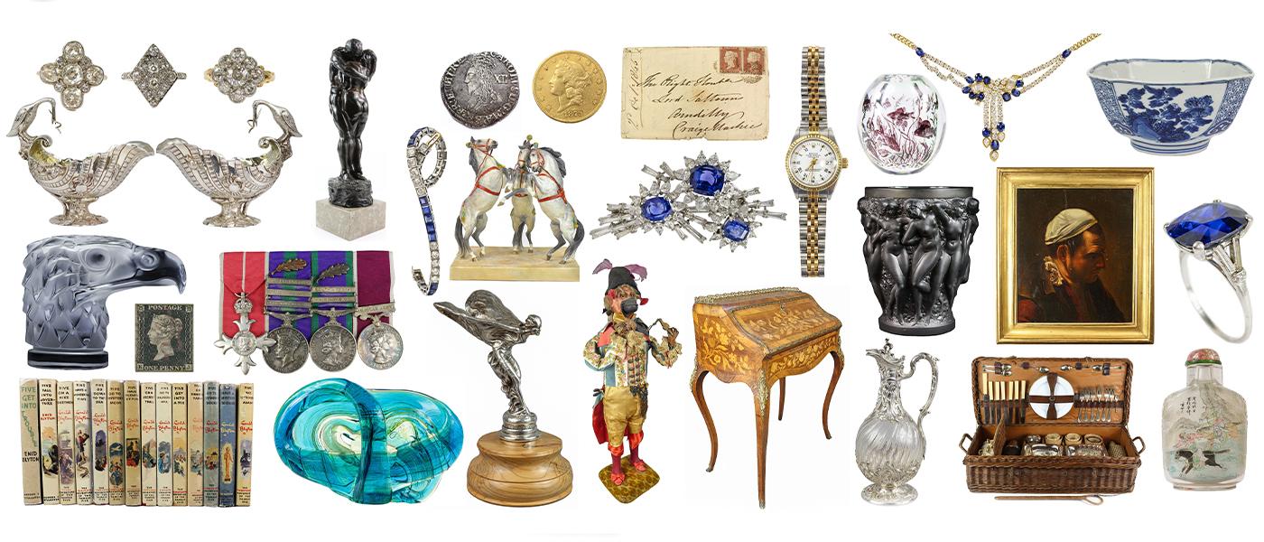 Collection of antiques on white background, books, jewellery, silver, paintings.