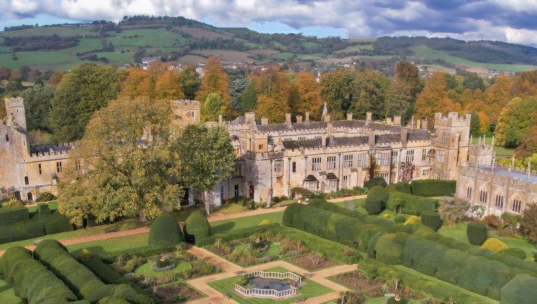 Aerial view of Sudeley Castle and its gardens near Winchcombe in the Cotswolds