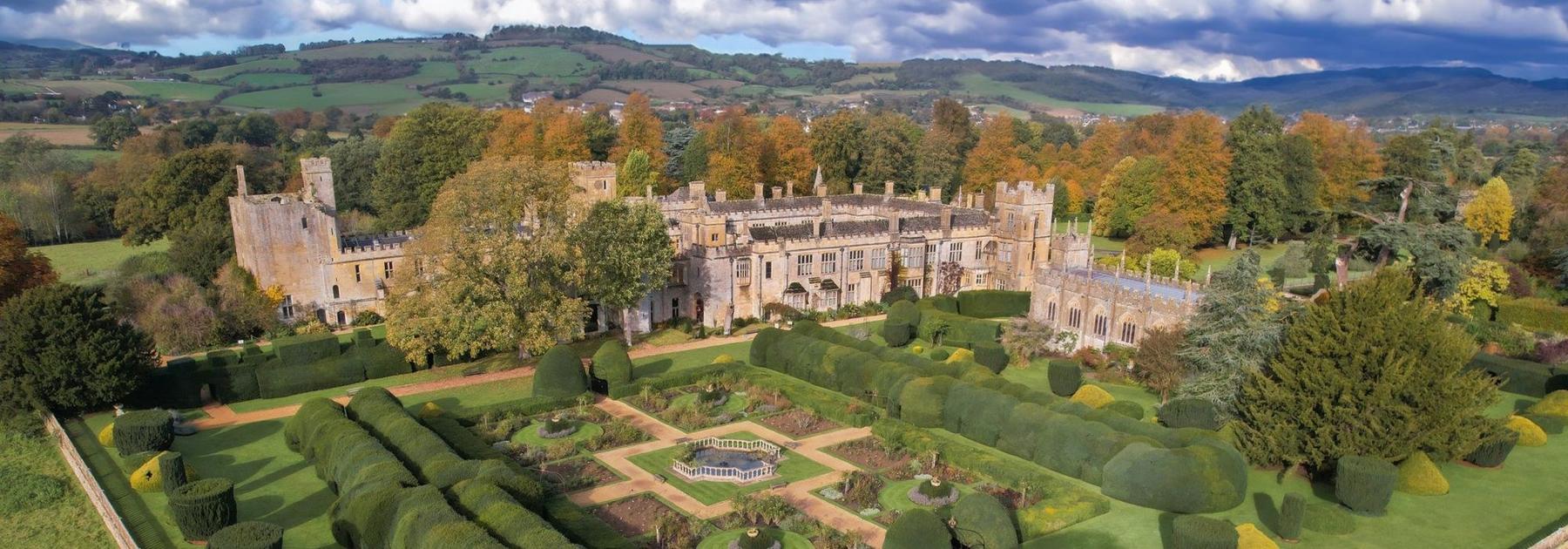 Aerial view of Sudeley Castle and its gardens near Winchcombe in the Cotswolds