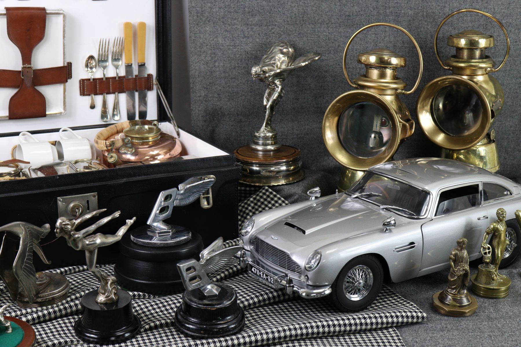 Automobilia lots including a model Aston Martin and vintage lamps