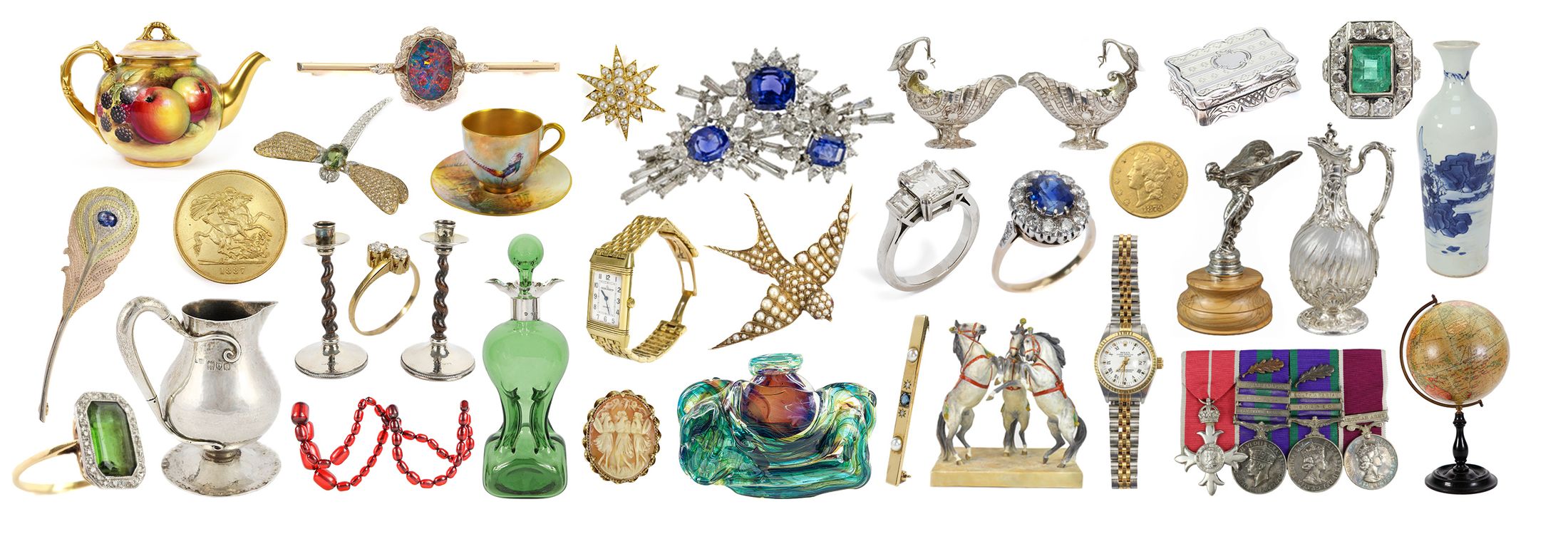 A catalogue flat-lay of jewellery, silver, watches and collectables