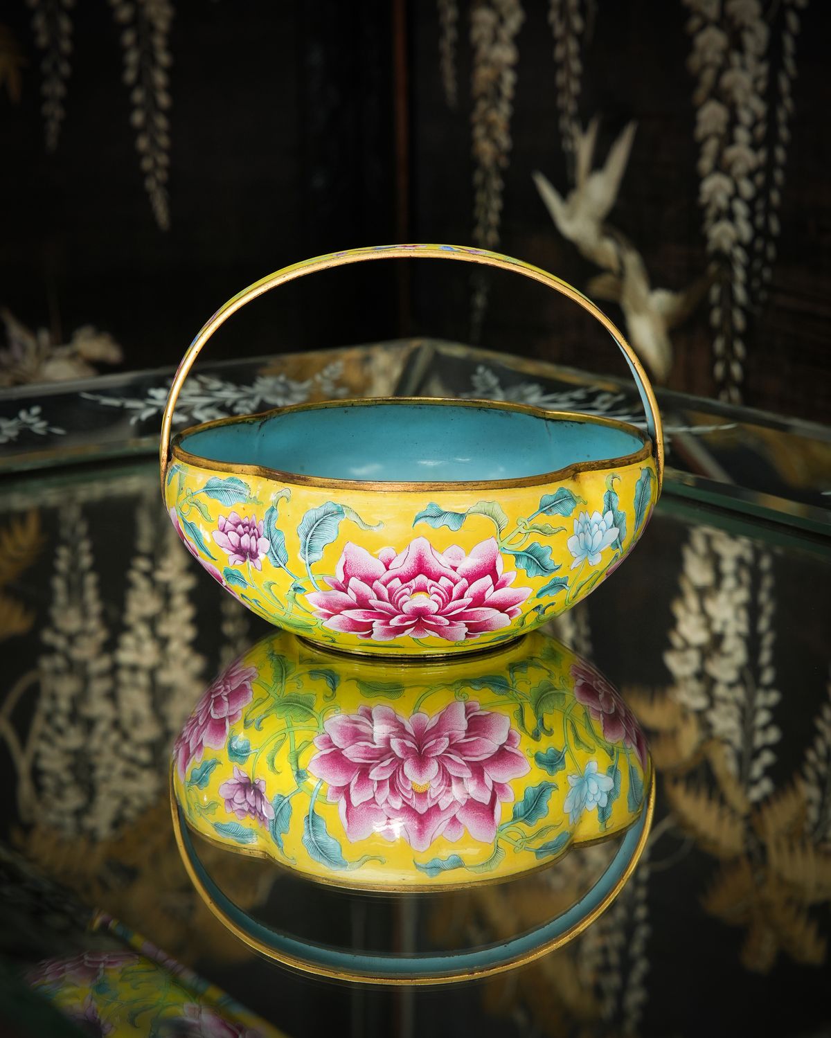 A Canton enamel basket with famille rose decoration
